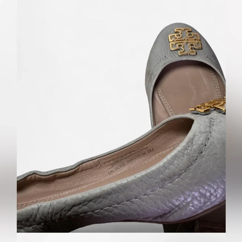 Tory Burch Silver Leather Logo Ballet Flats